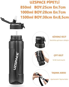 Uzspace FiftyFifty PİPETLİ MEGA BOY 1500ml Tritan Su Matarası Lacivert