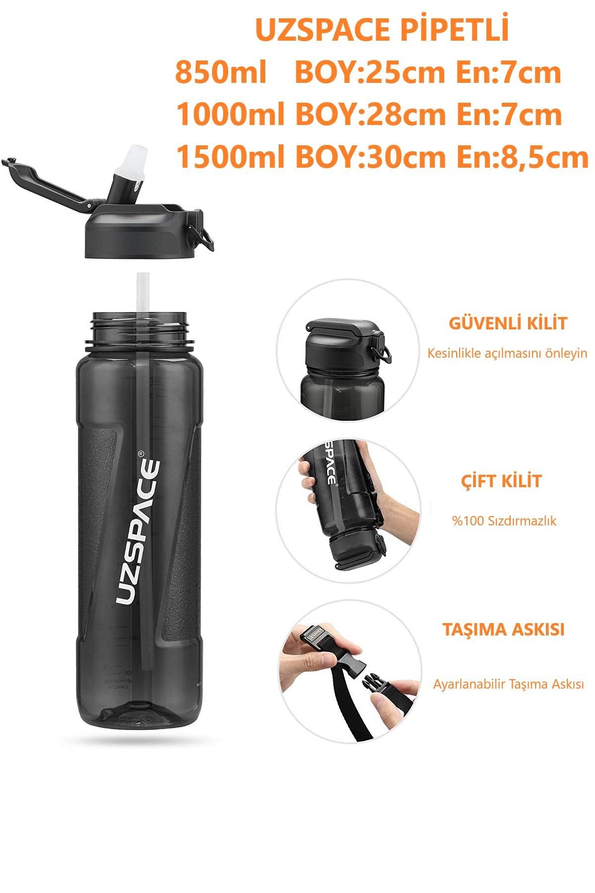 Uzspace FiftyFifty PİPETLİ MEGA BOY 1500ml Tritan Su Matarası Turkuaz