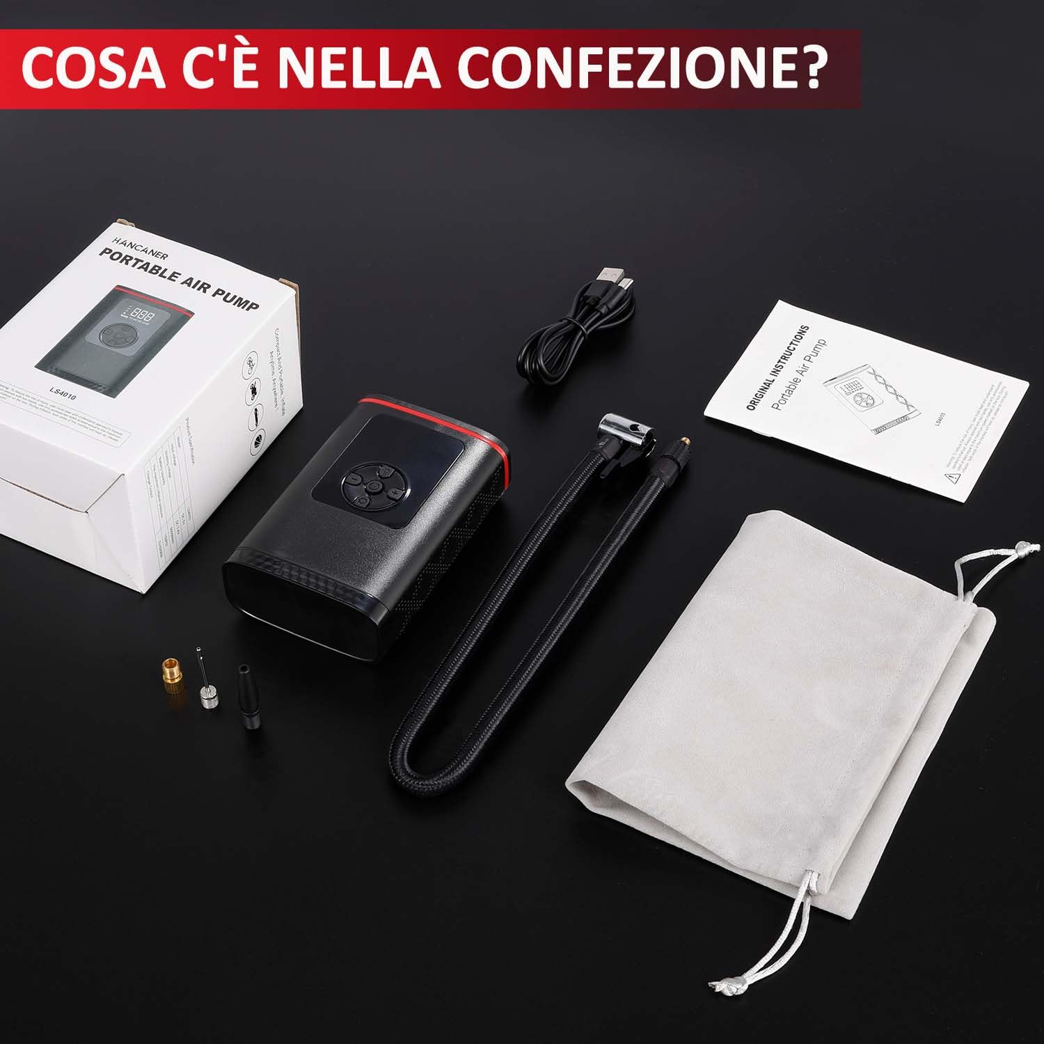 Hancaner Mini Compressore Aria Portatile, Compressore Aria Portatile Auto150PSI 7.4V 6000mAh con 4 Unità di Misurazione Della Pressione Display LCD per Auto, Bici, Moto, Scooter e Pallone.