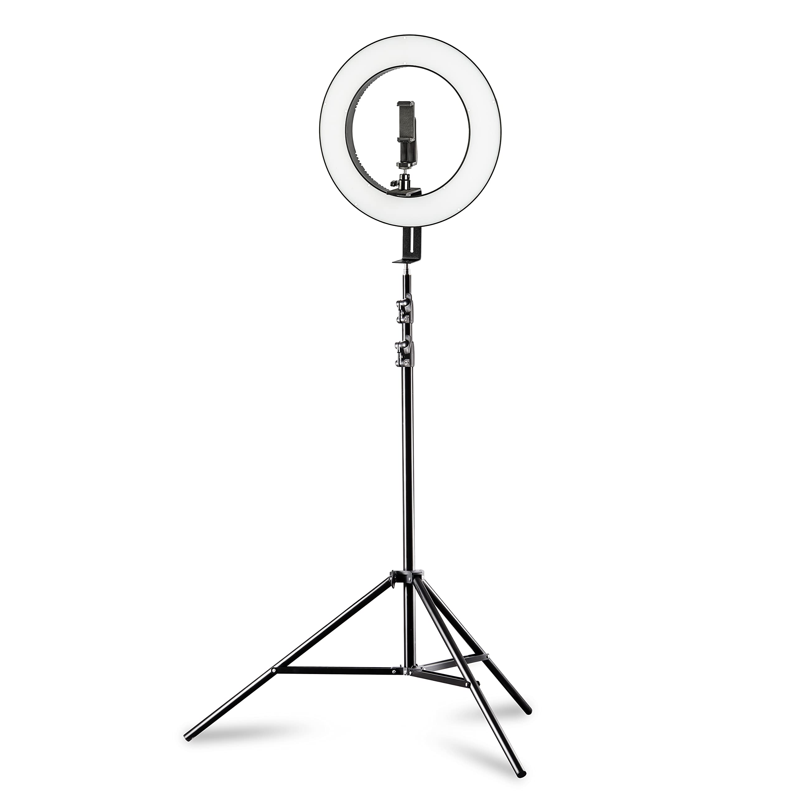 Walimex pro LED Ringleuchte 380 Bi-Color 23 W Set inkl. Stativ, leistungsstarkes Ringlicht mit schaltbaren Sektoren, Leuchtring dimmbar, Videoleuchte mit Zubehör