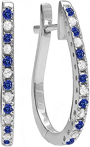 Dazzlingrock Collection Pendientes de aro redondos de oro de 14 quilates con zafiro azul y diamante blanco para mujer