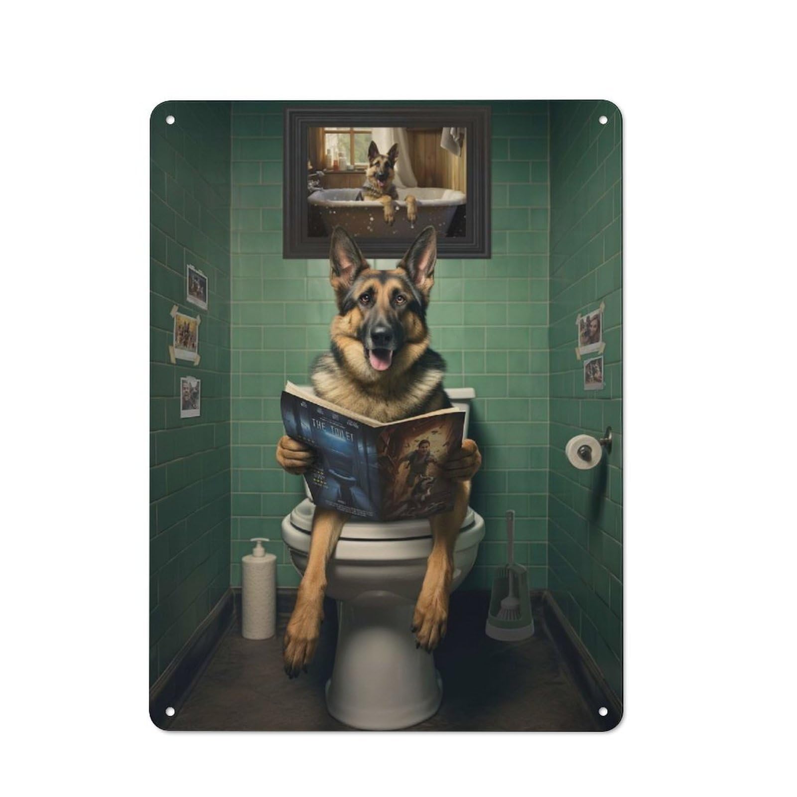 Junmoney German Shepherd On Toilet 40X30cm Retro Tin Sign With For Dining Room Or Kitchen, For Metal Sign Collectors, For Garage And Workshop Walls