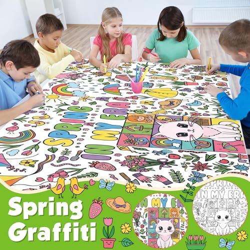 Image of OHOME Spring Giant Coloring Poster /Tablecloth - 72x30 Inch Spring Decorations for Home,Kids Crafts Games Activities Toys Decor Party Decor for Classroom School