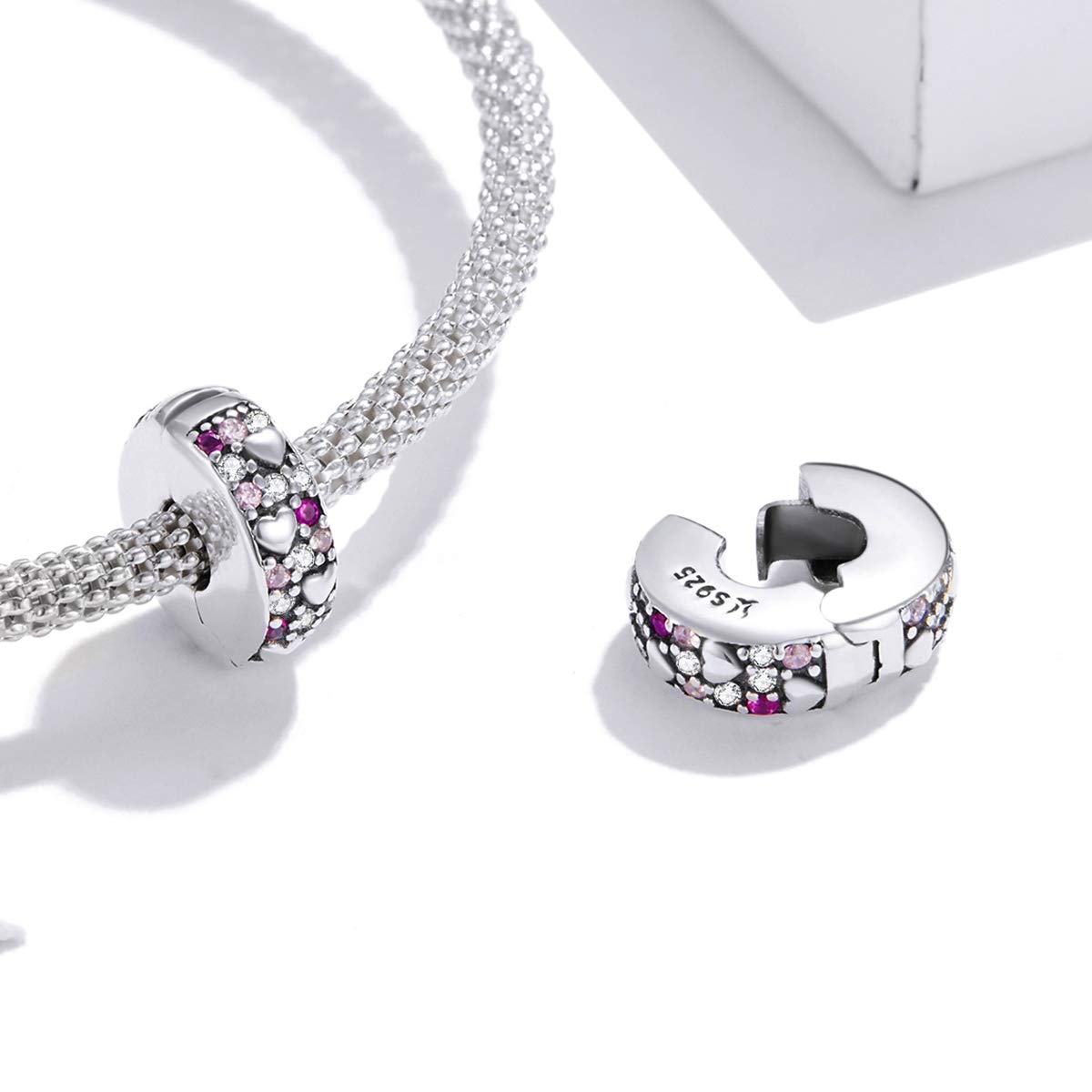 Charms con tapón para collar y pulsera Pandora, Charms de corazón de plata con clip Love Charm