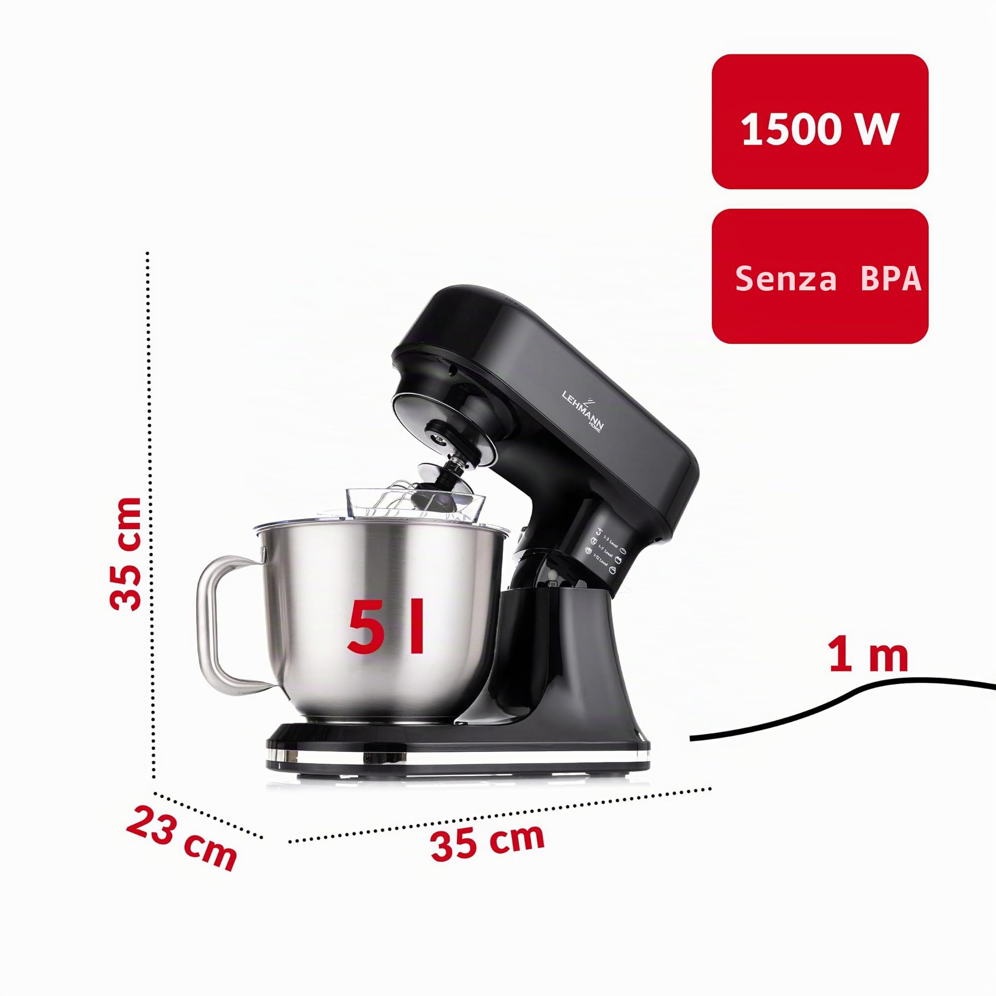 LEHMANN Impastatrice Planetaria Multifunzione con Display, Funzione di Fermentazione e Riscaldamento, Bilancia Integrata, 12 Velocità, Timer, con Ciotola 5 L, Frusta, Gancio Impastare, Mescolatore