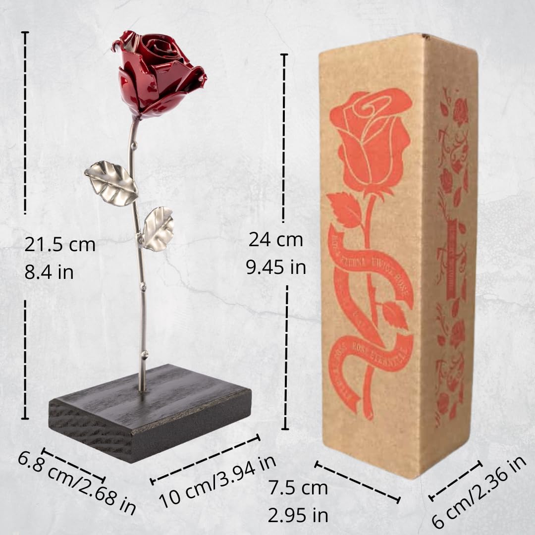 Forging Art Bcn® Rosa Eterna in Ferro Forgiato a Mano con Piedistallo - Regalo Festa della mamma, San Valentino, 6° anniversario di matrimonio, Nozze di Ferro (Rosso/Argento con Base)