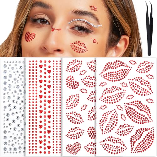 YGDZ Face Gems Self-Adhesive Face Jewels Stickers Red Lip Hair Gems Festival Kiss Jewels Face Rhinestone Stickers for Makeup Eye Hair Body Rave Accessories Stick on Gems for Kids Women