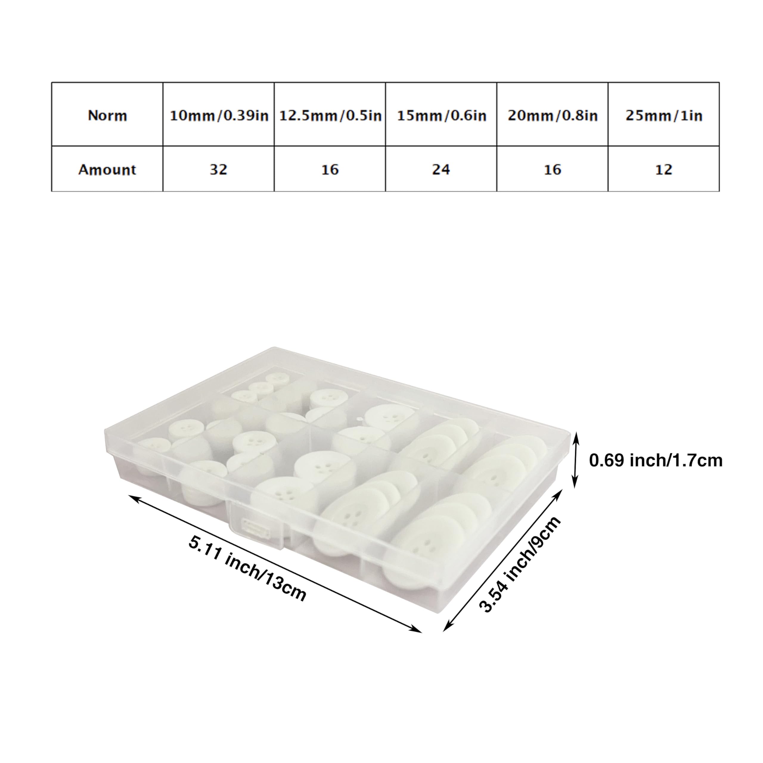 100 botones de costura blancos de borde ancho, botones de manualidades de 4 agujeros, 5 tamaños, con caja de almacenamiento de compartimentos, adecuados para costura, botones de camisa de traje,