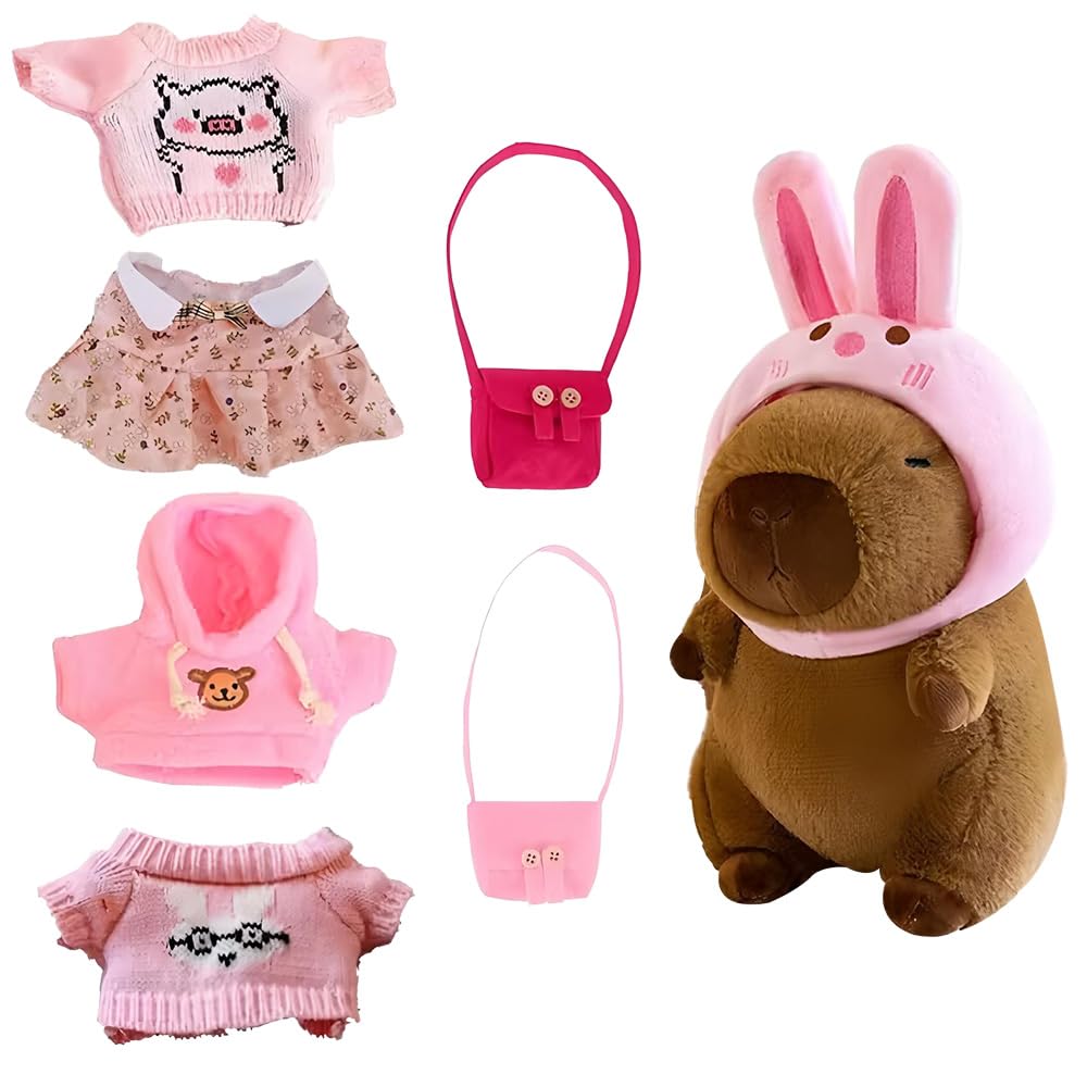 Dress Up Capybara, Capybara Plush With Clothes And Accessories, Dress Up Capybara Plush Doll with 4 Clothes & 2 Bags & 1 Hat, Capybara Stuffed Animal, Capybara Teddy for Home Decorations Gifts (Pink)
