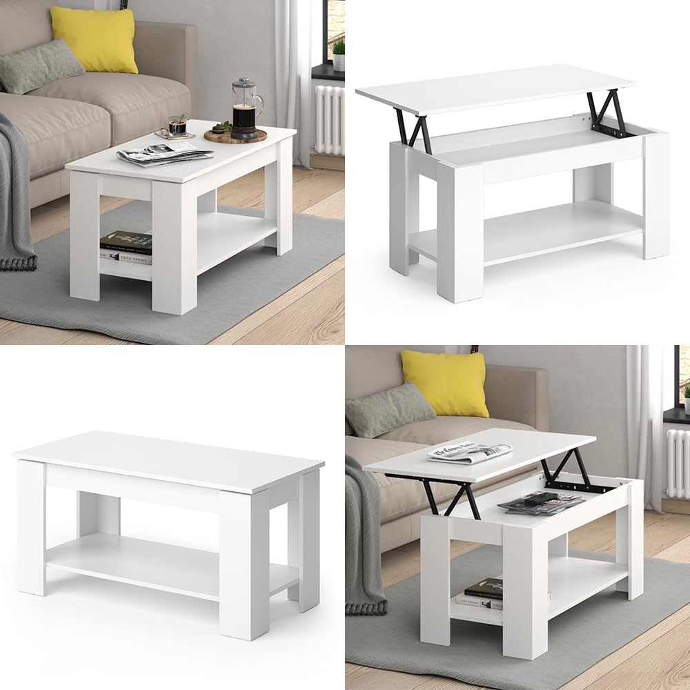 Vicco Couchtisch Lorenz, Weiß, 100 x 50 cm | mit Liftfunktion, mit Hebemechanismus und höhenverstellbarer Tischplatte