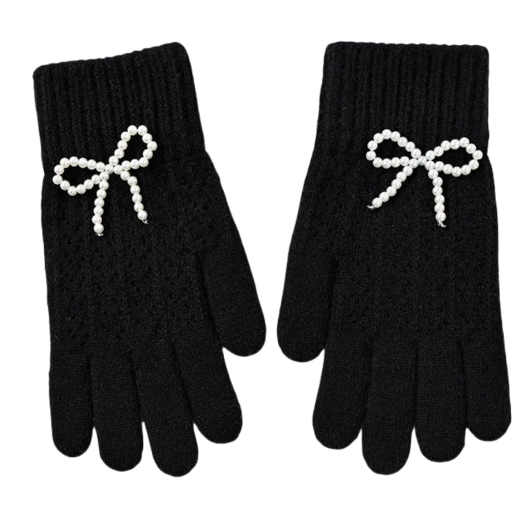 Yisenjee Women's Black Knitted Thermal Gloves Winter Full Finger Thickened Bow Pearl Solid Color Warm Touchscreen Knitted Gloves