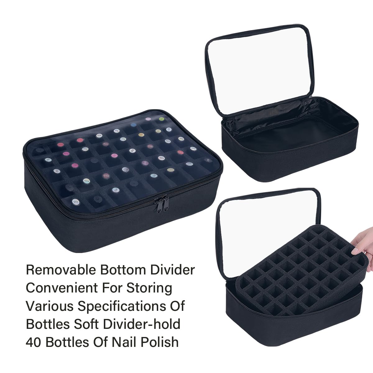Pequeño organizador de esmalte de uñas transparente con capacidad para 40 botellas (15 ml), estuche multifuncional para esmalte de uñas, bolsas de maquillaje de viaje para mujeres, Negro -