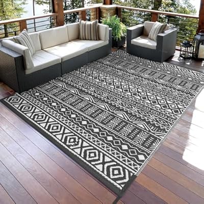 Anidaroel Outdoor Rug 5'x8' Waterproof for Patio Decor, Reversible Plastic Straw Outdoor Area Rug, Stain & UV Resistant RV Camping Mat for Porch, Balcony, Pool Deck, Backyard, Gray&White