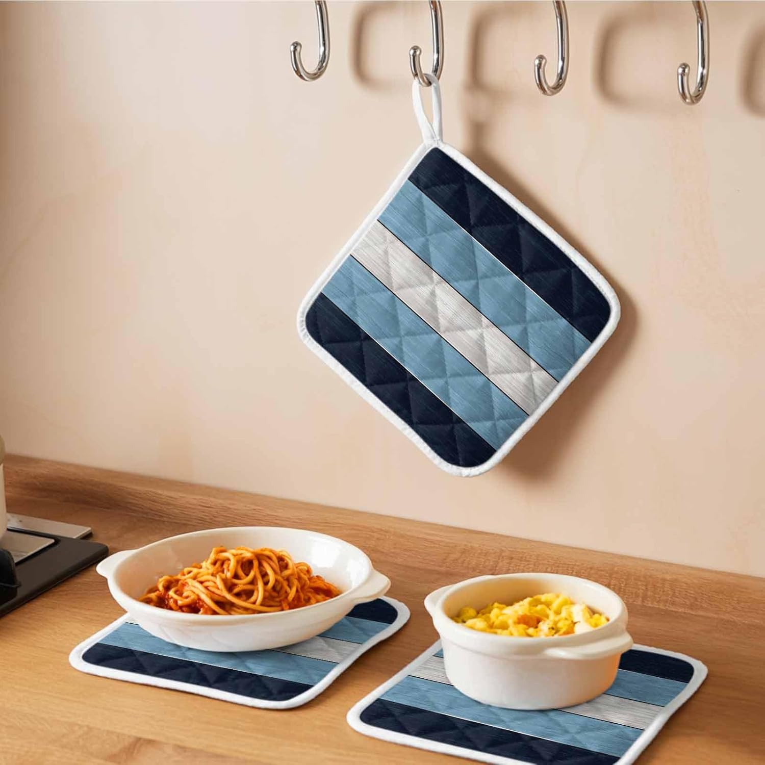 Pot Holder Set of 5 Vintage Country Woodcuts Potholder Heat Proof Non Slip Pot Holders, Blue Gradient Striped Hot Pads Potholders for Kitchen Cooking Baking BBQ