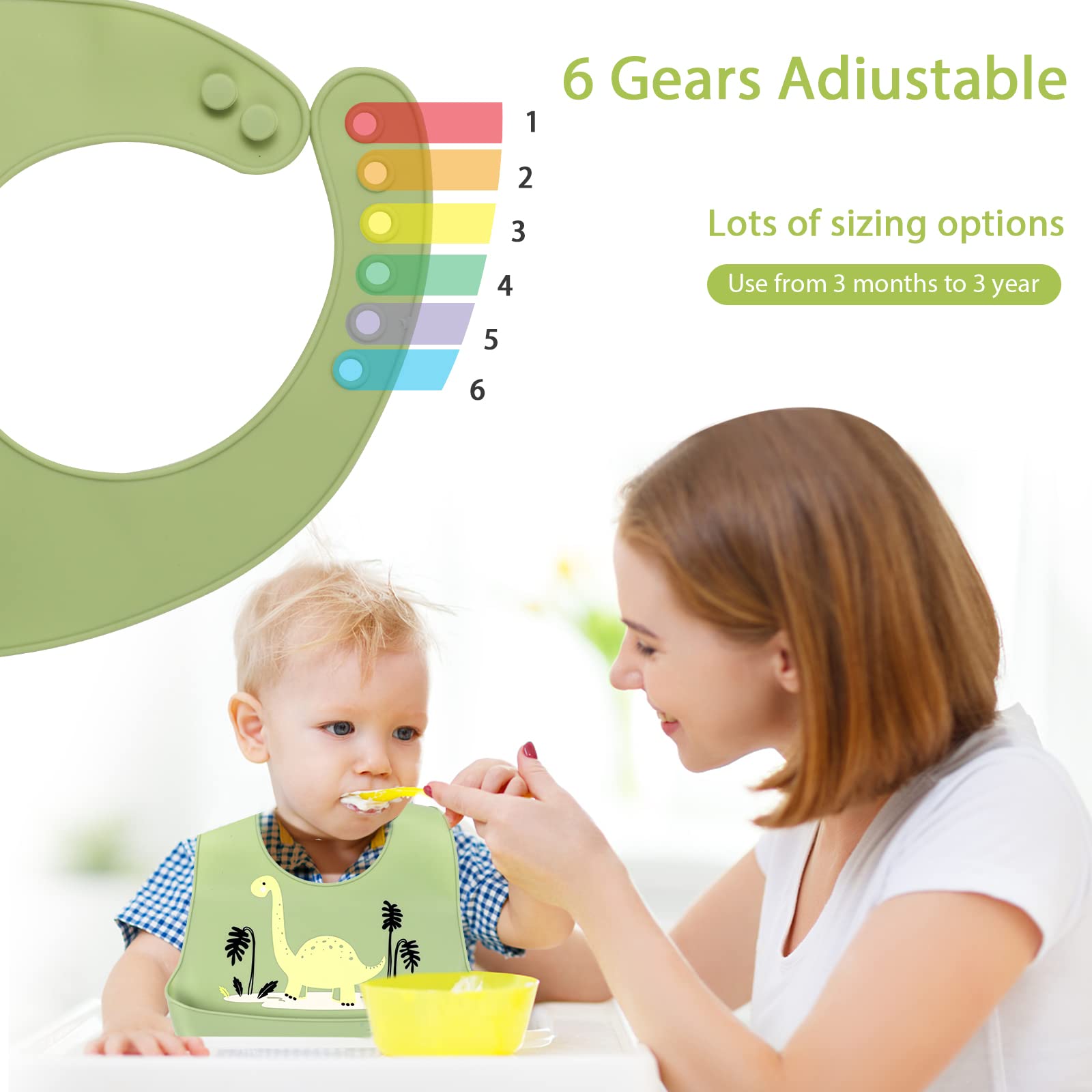 ABirdon Bavaglino Silicone, Impermeabile, Facili da Pulire, Lavabile, BPA Free, 6 Dimensioni Regolabili Bavaglini Silicone Morbido con Raccoglipappa per Ragazzi e Ragazze