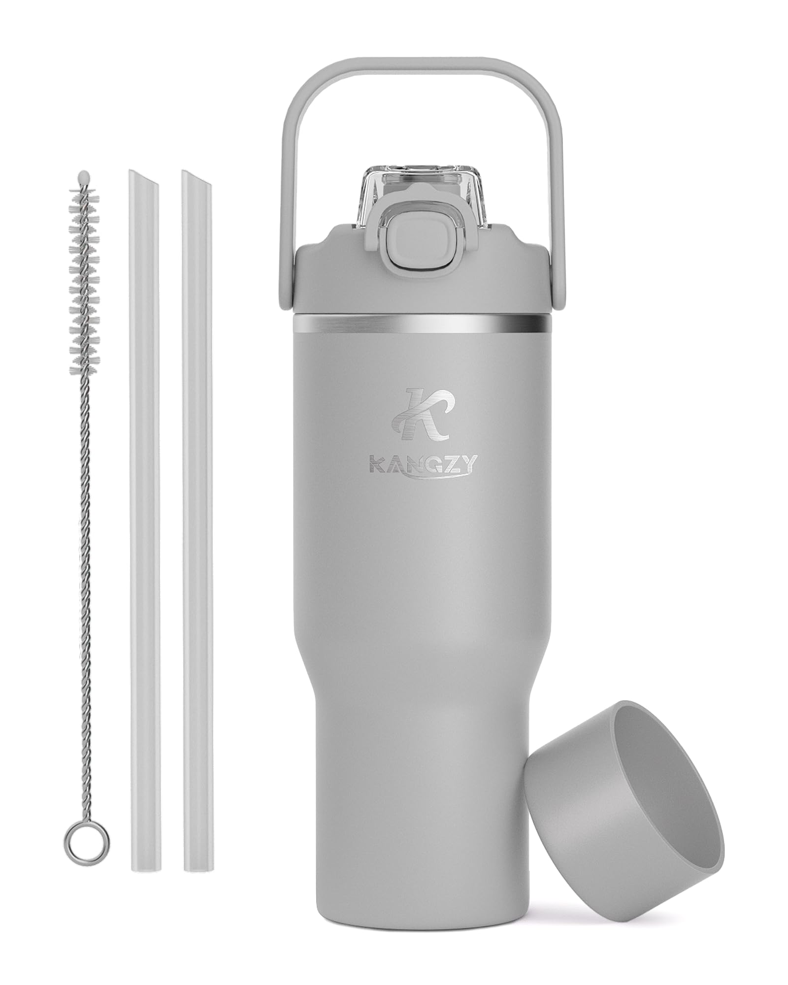 KANGZY Metal Water bottle with Straw 1L/32oz – Vacuum Insulated Stainless Steel Flask, 2-in-1 Straw & Spout Lid, BPA-Free Leak-Proof Tumbler, Keeps Drinks Hot 12H / Cold 24H for Work, Travel Dove Grey