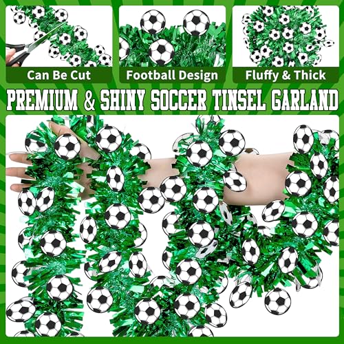 Image of 50Ft Soccer Tinsel Garlands, Green Glitter Tinsel Garland with 3D Soccer Cutouts, Metallic Holiday Hanging Streamers for Game Day Party Sports Bar Indoor Outdoor Party Decor