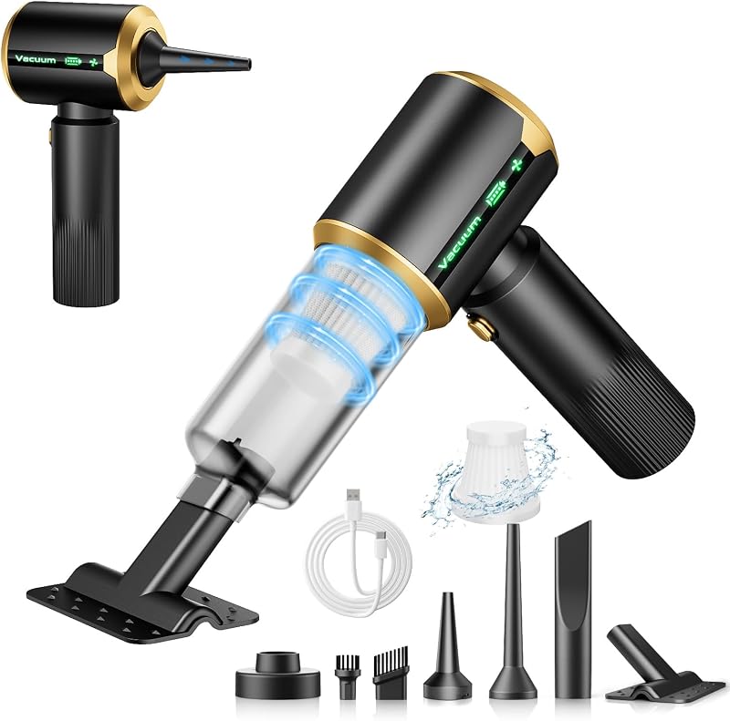 Cordless Car Vacuum 7-in-1: Clean Car & Home - Black | Handheld Vacuum Cleaner with Brushless Motor - LED Battery Display & Type-C Charging