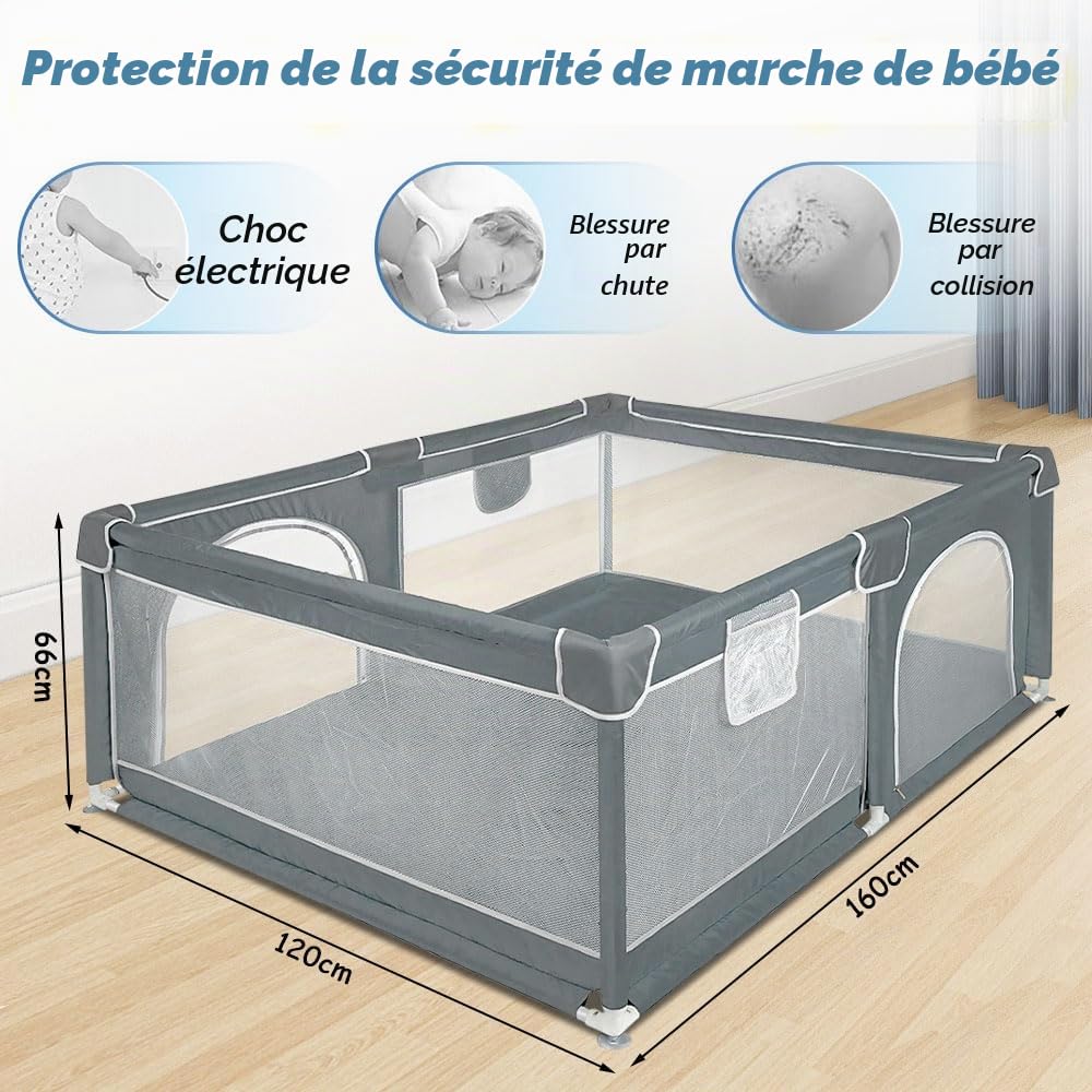 Parc Bébé Modulable,120cm*160cm*66cm Parc Bébé Pliable, Tissu Oxford/Avec sac de rangement/Sûr et confortable, Activités parent-enfant(Gris foncé/Noir) (Gris Foncé)