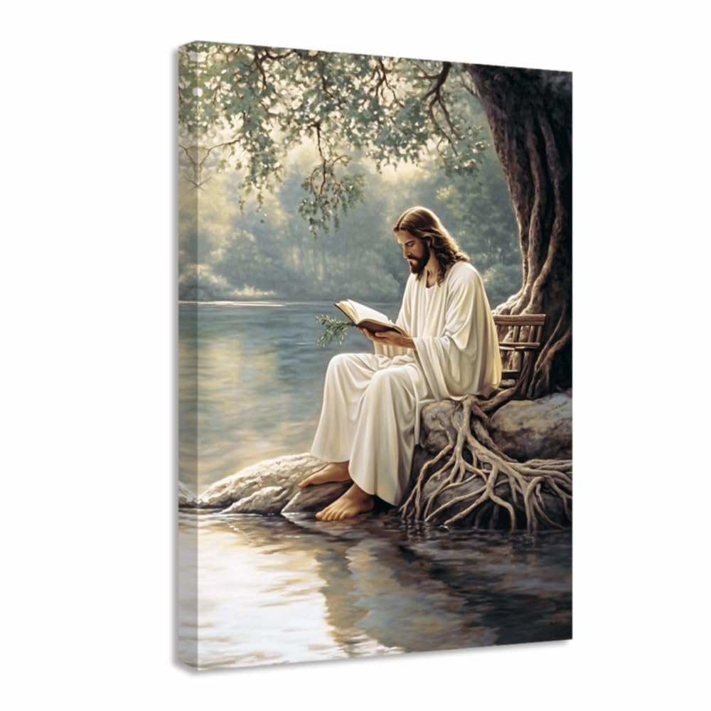 LMYSXAOZ Christian Wall Art Religious Canvas Painting Jesus Sitting by the River Pictures God Poster Bedroom Decor Framed(White,16L x 20W)