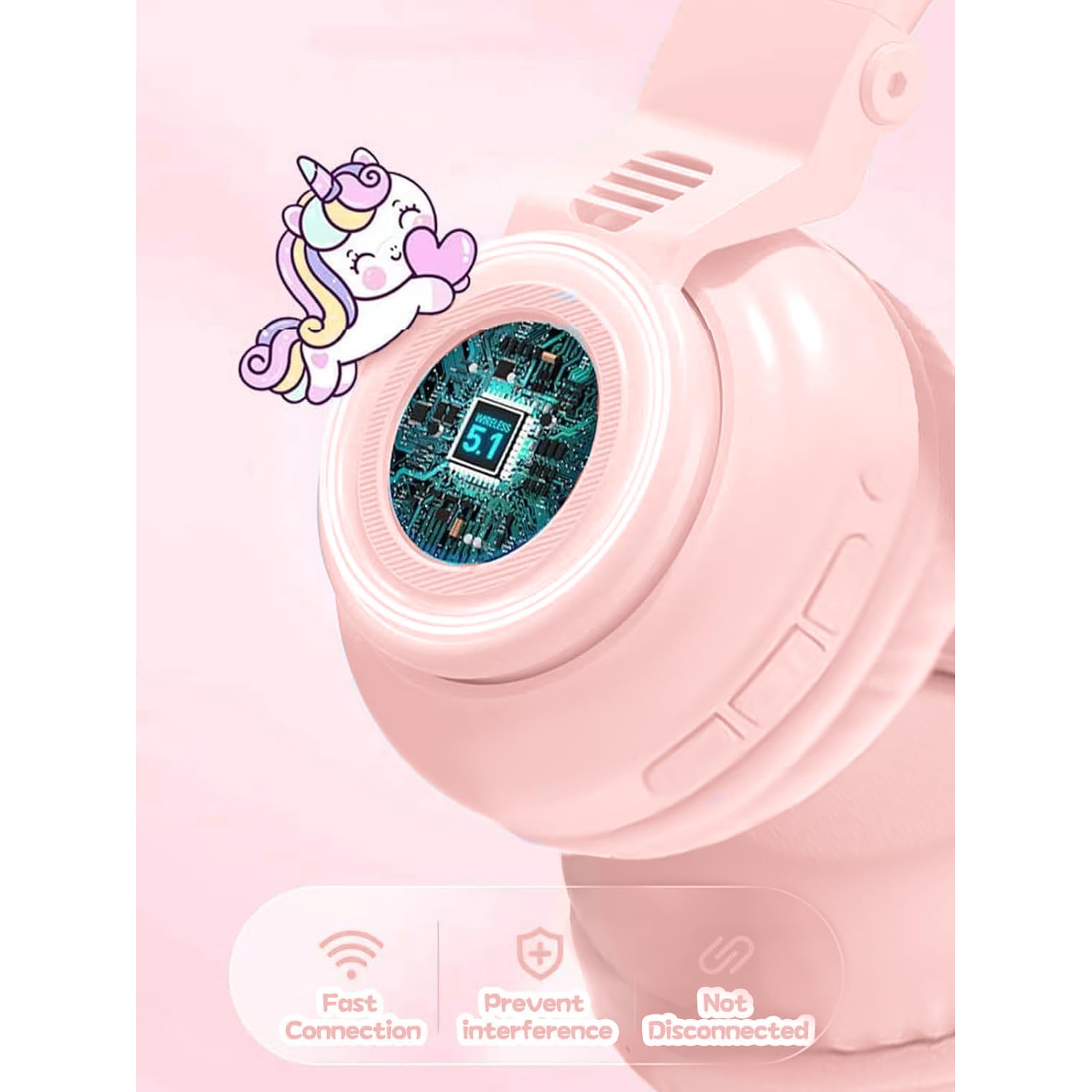 Cuffie Bluetooth per bambini, pieghevoli, senza fili, con cavo e microfono, controllo del volume, design ispirato all'unicorno, regalo di compleanno e Natale (rosa)