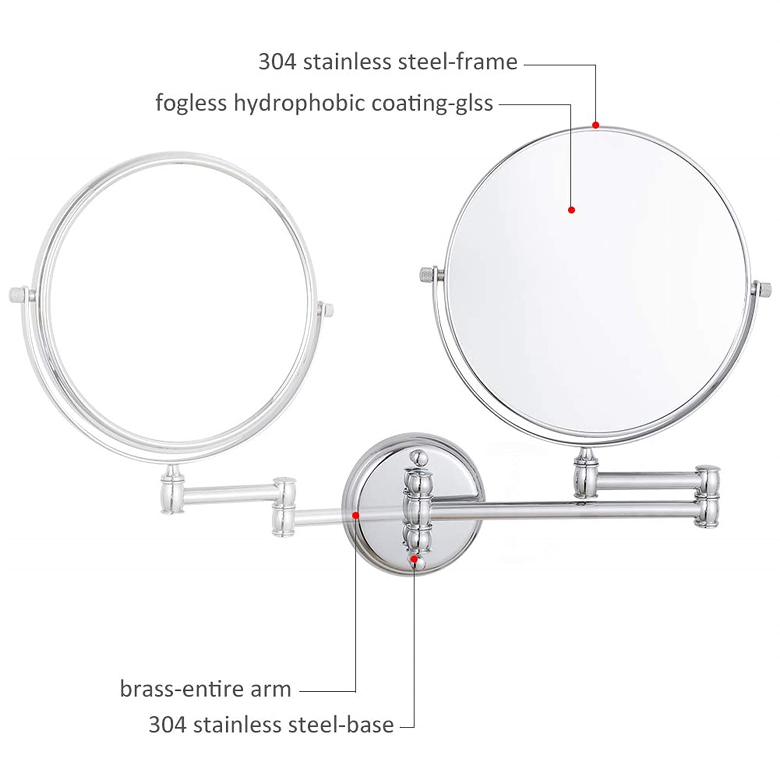 8" Miroir De Maquillage Mural avec Grossissement, Miroir Grossissant Double Face, Miroir De Salle De Bain Rotatif Et Extensible,Laiton,5X