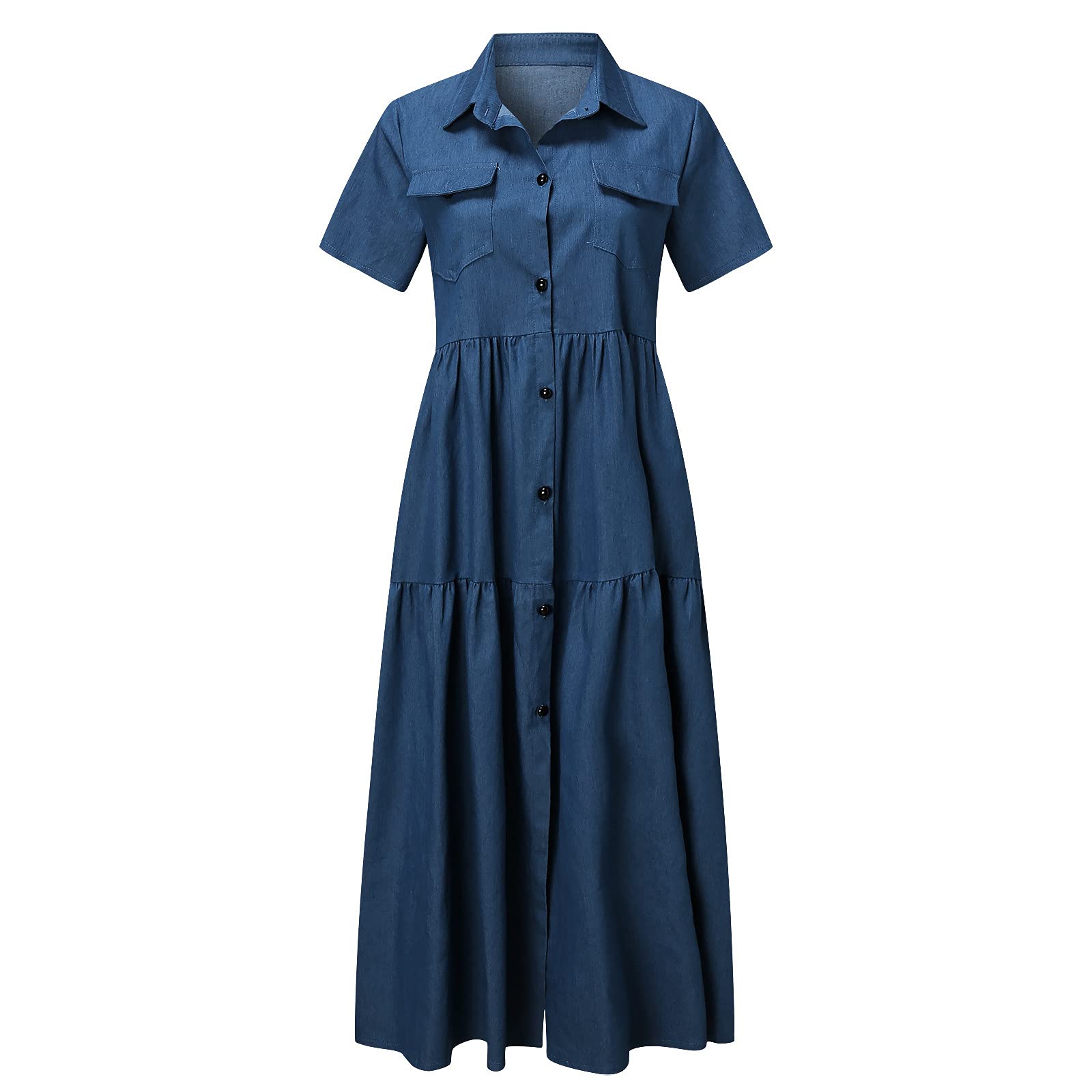 Abito in Jeans con bottoni, a maniche corte, da donna, elegante, elegante, sciolto, casual, abito lungo blu con tasche sexy a schiena scoperta, sottile, di grandi dimensioni, a buon mercato,