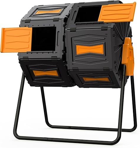 Efurden Contenedor de compost, vaso de compostaje de doble cámara con alto volumen de 45 galones, fácil de montar y compostador duradero, naranja