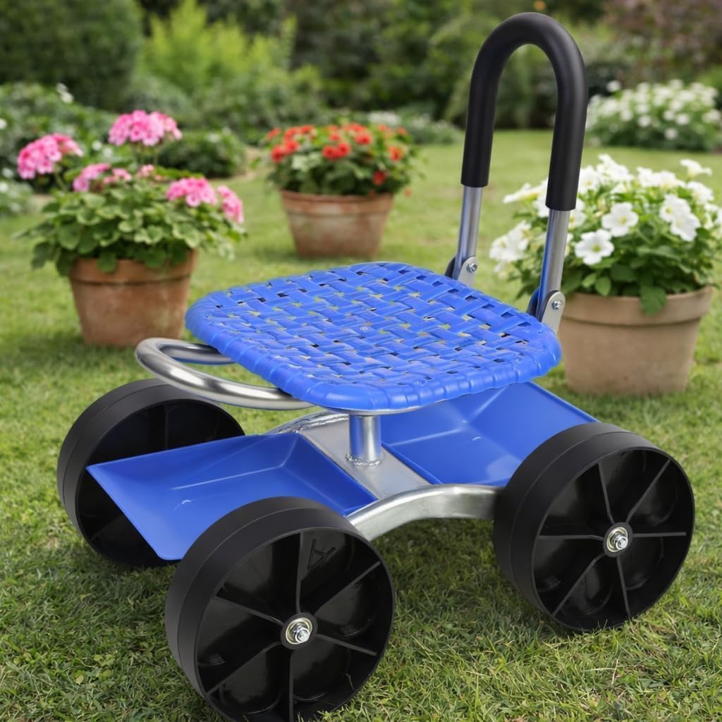 Rolling Garden Seat, Utility Garden Stool with Flat Wheels, Foldable Lazy Seat Stool, Picking Rotary Tool Cart with Storage Shelf, Adjustable Height Blue