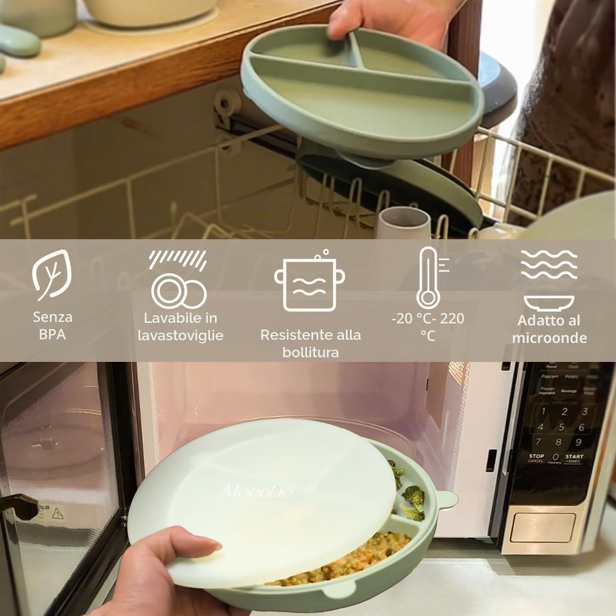 Moonkie Piatto Svezzamento Silicone, 2Psc Piatto con Ventosa per Bambini, con Cucchiaio e Forchetta, Set Pappa Svezzamento Senza BPA, per Lavastoviglie Freezer e Microonde(Menta/Azzurro)