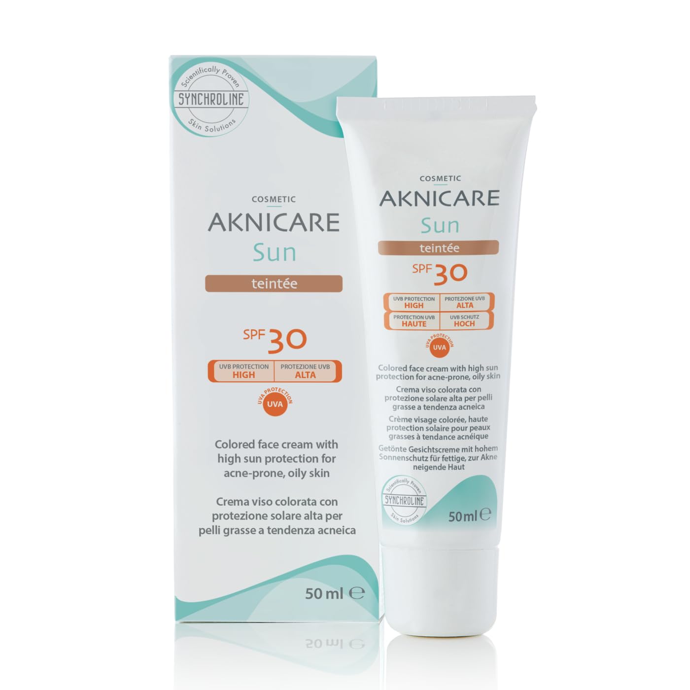 Synchroline - Aknicare Sun Teintée Spf30 Crema Facial Colorada 50 Ml Anti Imperfecciones Piel Mixta y Grasa Con Ácido Hialurónico y Filtros Solares, Made In Italy