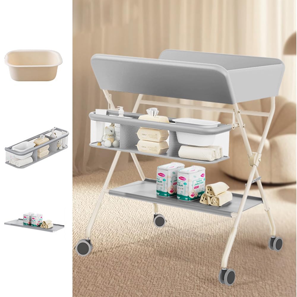 Tikwoork Baby Portable Diaper Changing Table, Foldable Changing Table for Baby with Wheels, Baby Diaper Changing Station with 3-Level Adjustable Height
