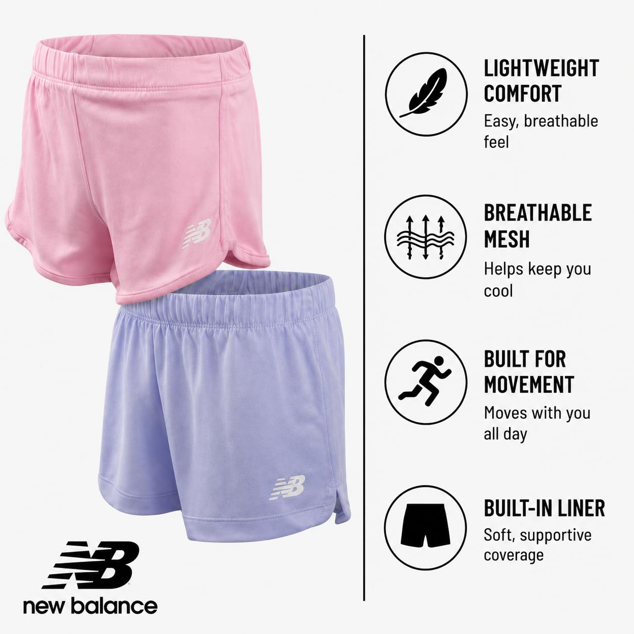 New Balance Sport-Shorts für Mädchen, 2er-Pack, aktive Performance-Mesh-Lauf-Shorts, Delfin-Shorts für Mädchen (Größe 7–16)