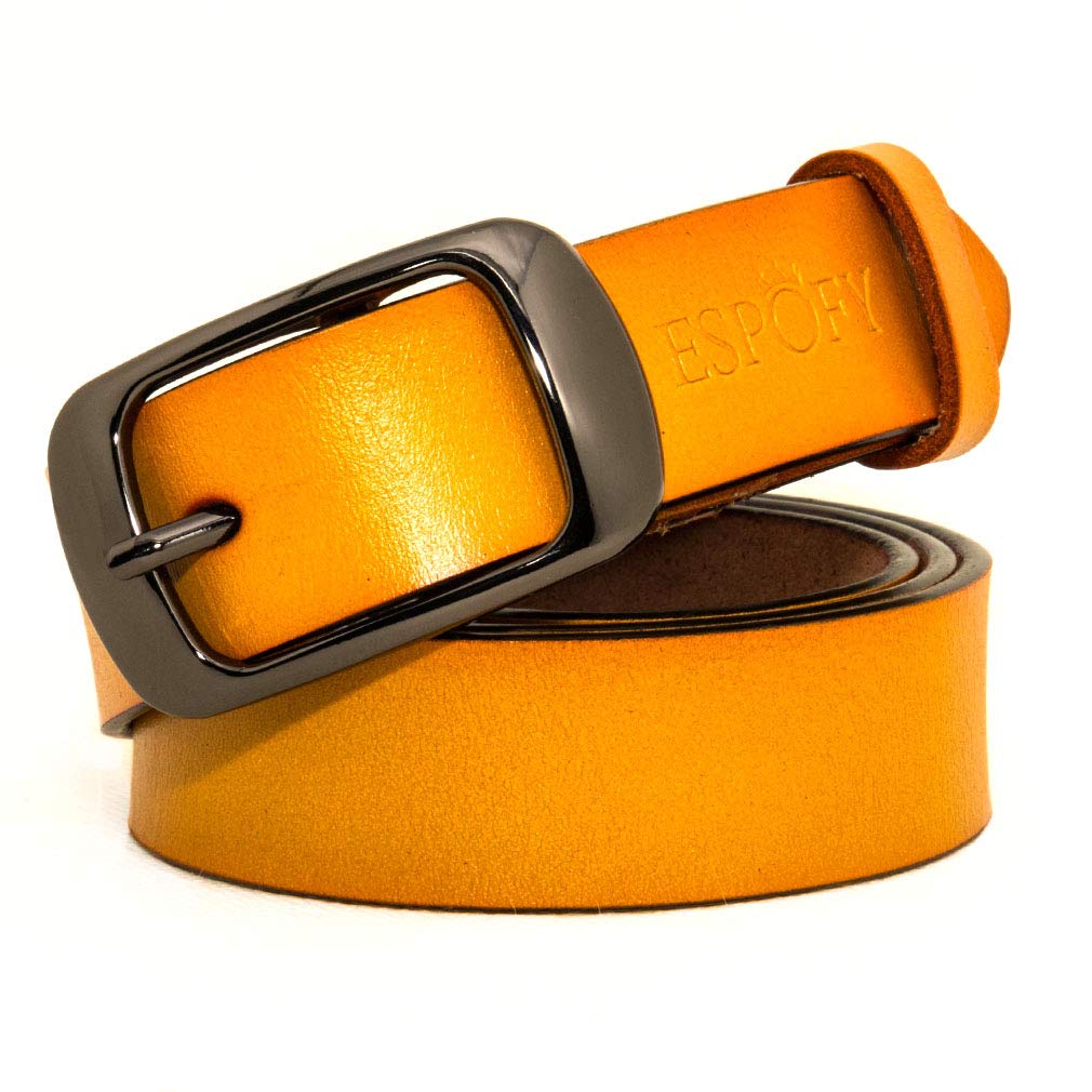 Espofy Women's Yellow Belt Genuine Leather Belt With Single Prong Alloy Buckle 43Inch (110Cm)