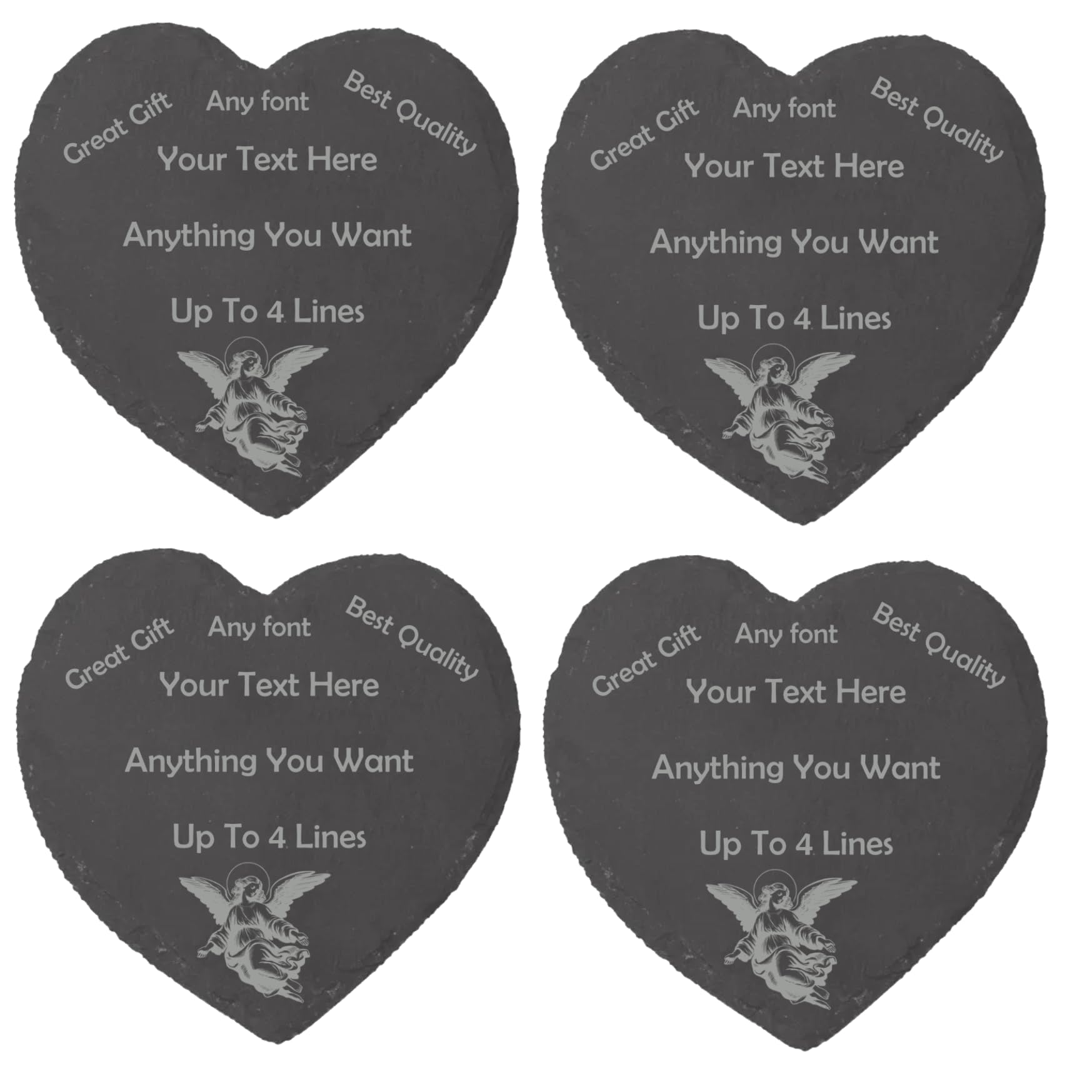 PB TECH Personalised Engraved Slate Coaster/Placemat - Customisable With Any Text - Optional Image - Gift for Men Women for Birthday Father's Day Valentine's Day Wedding Christmas (Heart, Set of 4)