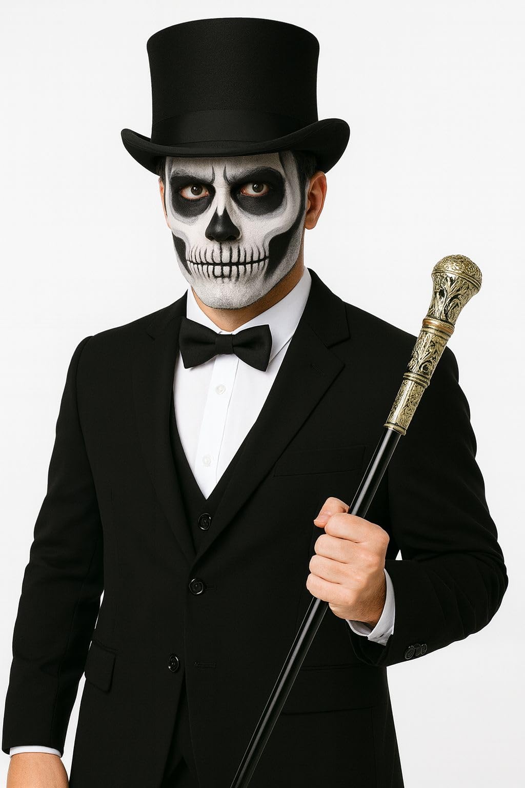 labreeze Men’s Black Top Hat, Black Bow Tie & Gold Topped Cane – Adult Fancy Dress Costume Accessories Set for Halloween, Magician, Cabaret, Cosplay, Stage & Themed Parties