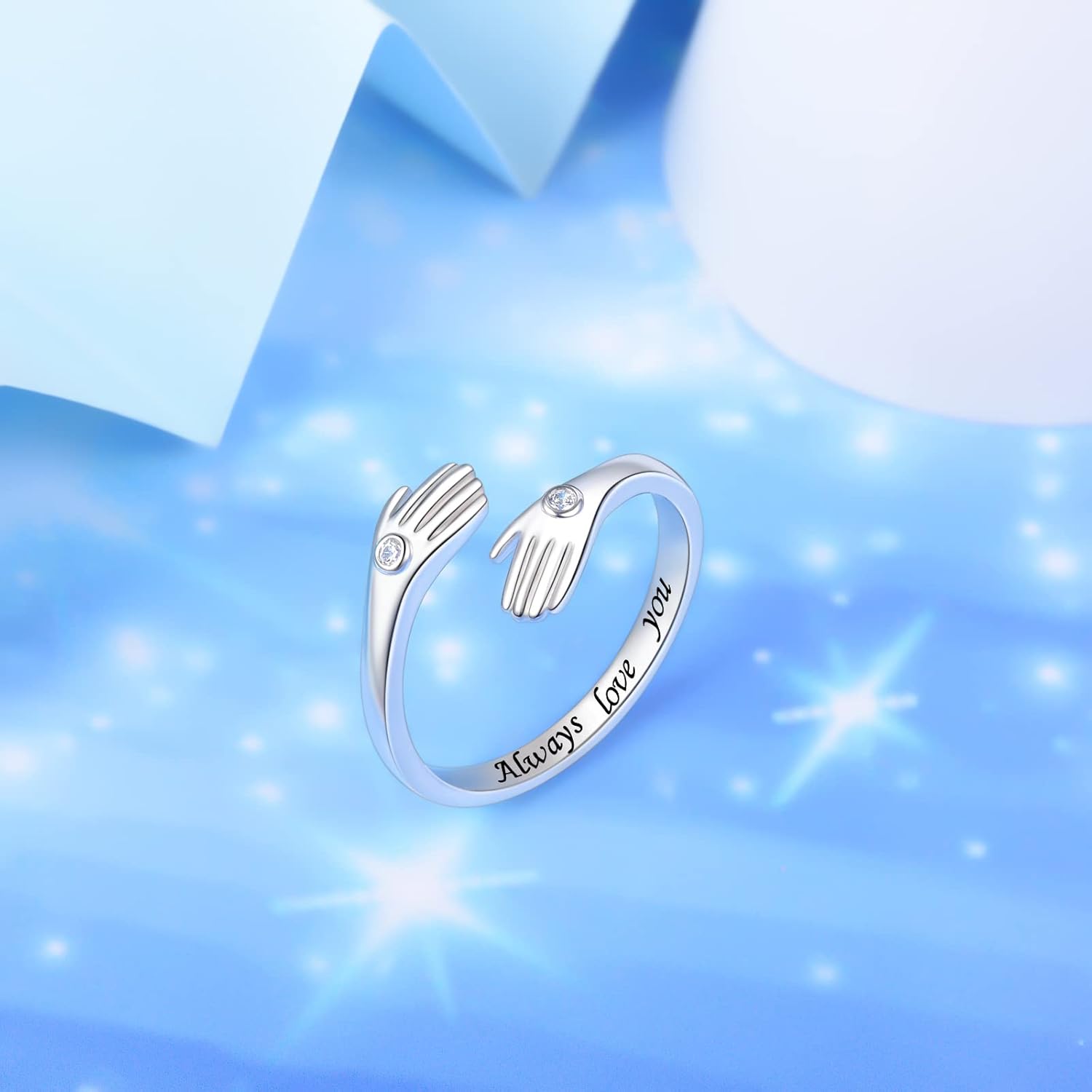 Hug Ring for Women Adjustable, 925 Sterling Silver Hugging Hands Open Ring with Zircon, Always Love You Promise Jewelry Valentine's Mothers Day Gift for Her - Image 6