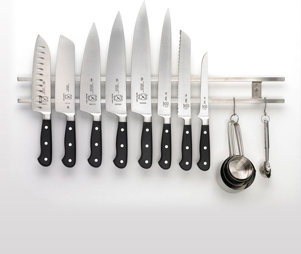Mercer Culinary 24" Magnetic Knife Bar with 6 S Hooks, 24 Inch x 2.4 Inch x .9 Inch, Stainless Steel