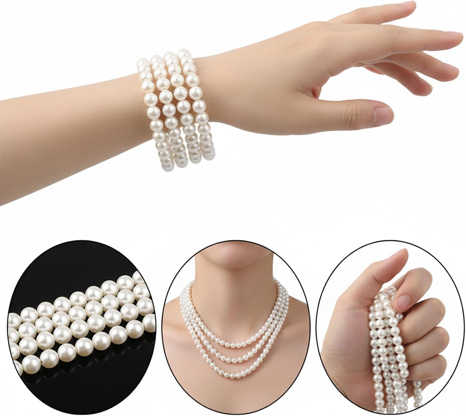 59" Long Pearl Necklace, Faux Pearls Necklaces for Women Elegant Pearl Choker Necklace Layered Pearls Dangle Necklaces Imitation-Pearl Strand for Wedding Party Costume Jewelry Gifts