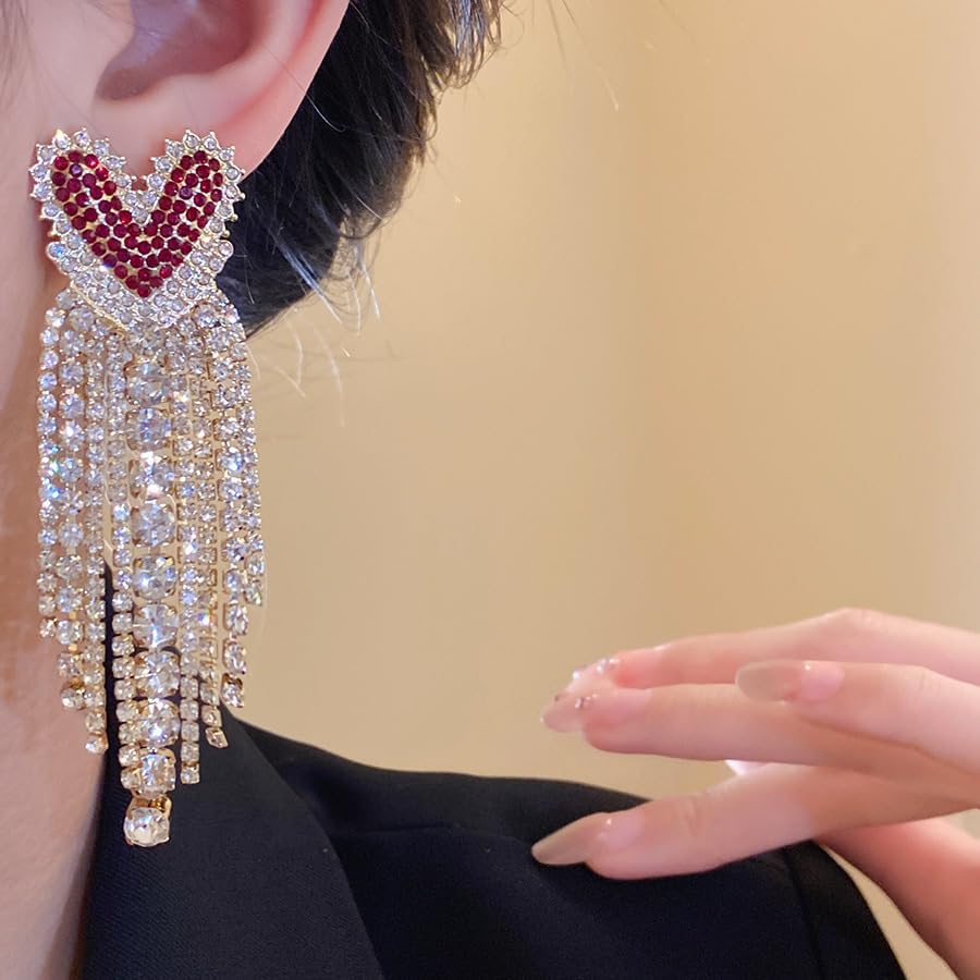 Rhinestone Heart Dangle Drop Earrings for Women Fashion Crystal Statement Long Tassl Earring Wedding Bridal Drop Dangle Jewelry - Image 6