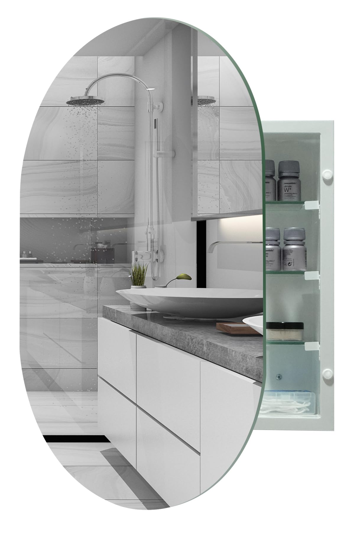 Oval Medicine Cabinet with Mirror,24 inch x 36 inch Frameless Mirrored Medicine cabinets for Bathroom, Recessed or Surface Mounted Installation