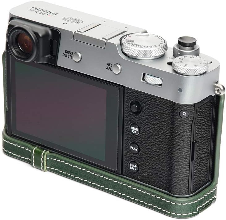Fujifilm X100V Camera Case, BolinUS Handmade Genuine Real Leather Half Camera Case Bag Cover for Fujifilm Fuji X100V Camera Bottom Opening Version + Hand Strap (Green)