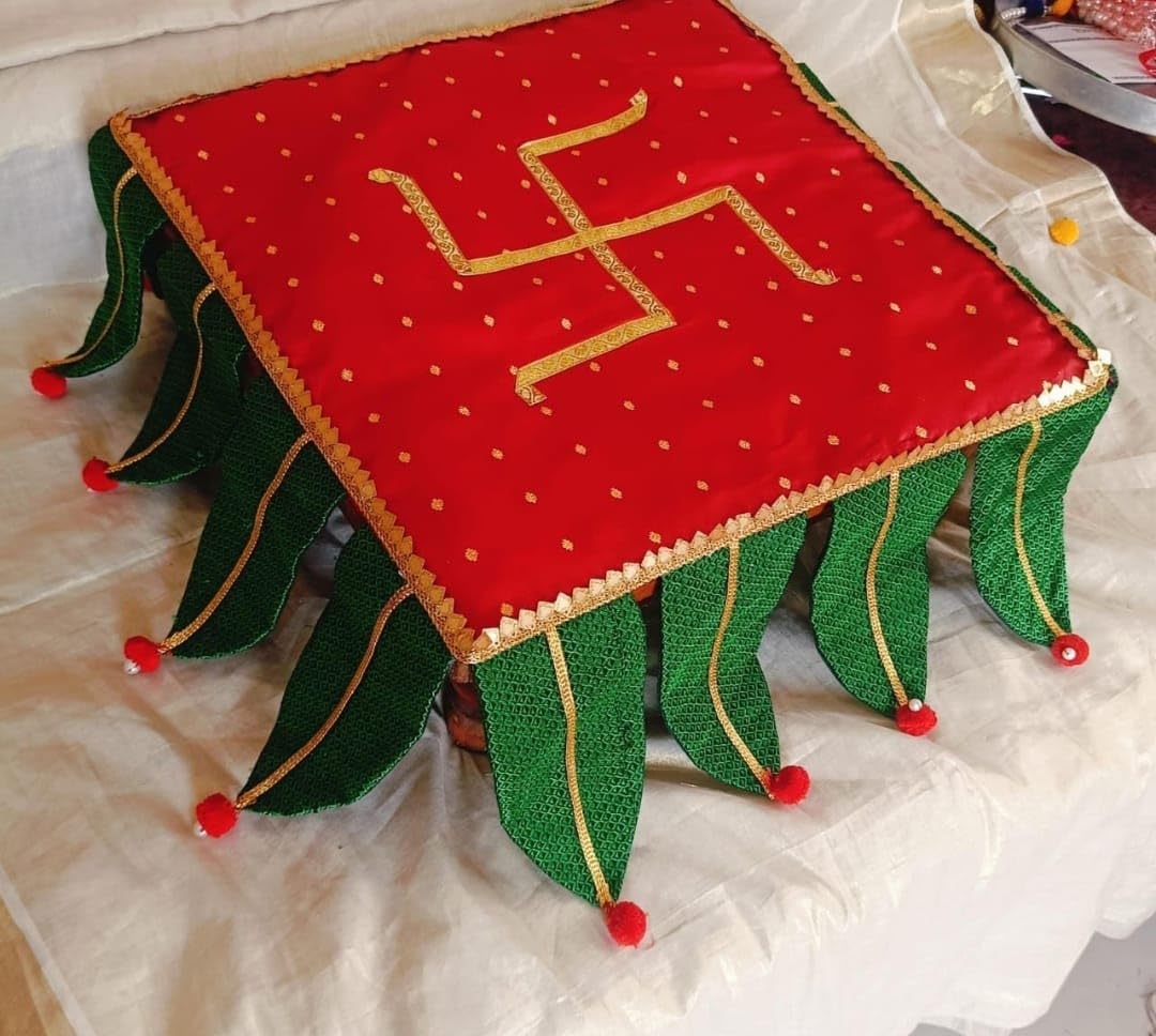 Maharashtrian Pooja Chowki Cover with Swastik Design Red and Green Traditional Bajot Cloth Decoration for Ganpati Festival Navratri Diwali Gudi Padwa Mandir Home Temple-image-28