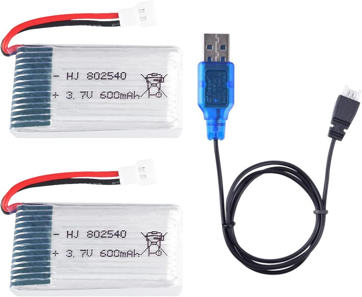 2 Pcs 3.7V 600mAh 25C 802540 Rechargeable Lipo Battery with USB Charger for Syma X5C X5SW Hengqi 905 Cheerson CX-30 Quadcopter RC Drone Spare Parts