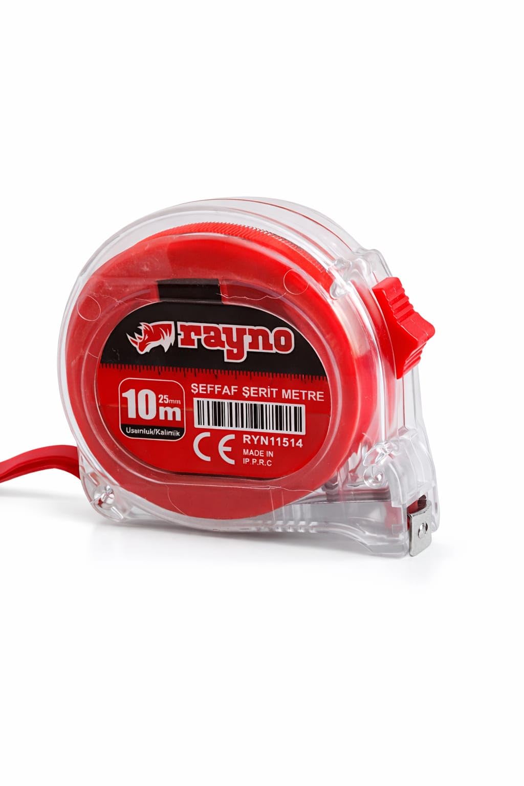 Rayno Profesyonel Şeffaf Şerit Metre - 8 Metre x 25 mm Hassas Ölçüm Metresi - Darbeye Dayanıklı Şeffaf Kasa ve Otomatik Kilitli Çelik Metre (8x25 mm)