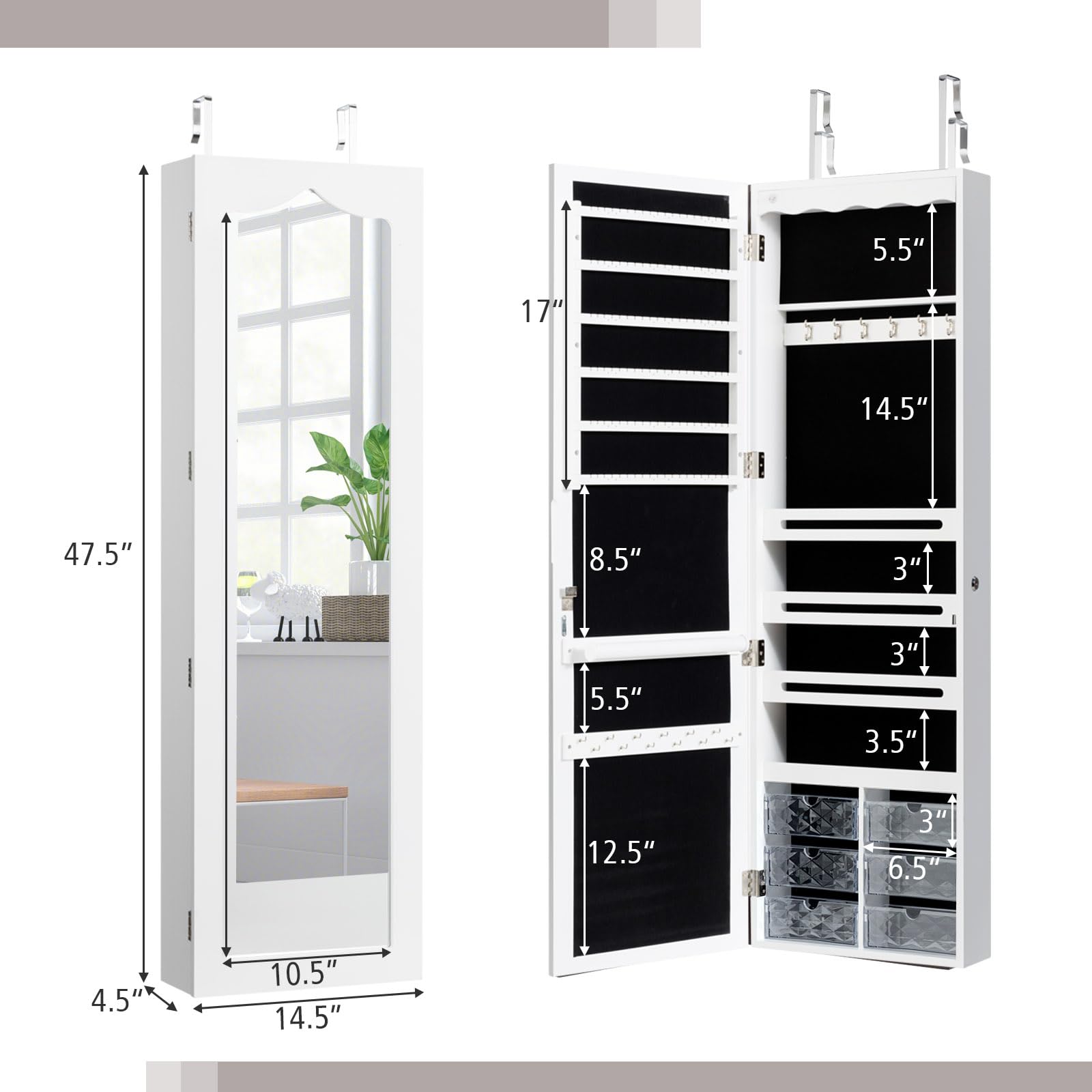 GOPLUS Armoire à Bijoux Mural avec Miroir et Lumière LED, Armoire de Rangement Mural, Accrochée à la Porte avec Serrure, Meuble de Rangement, Miror Porte-Bijoux 120 x 36,5 x 11,5CM, Blanc