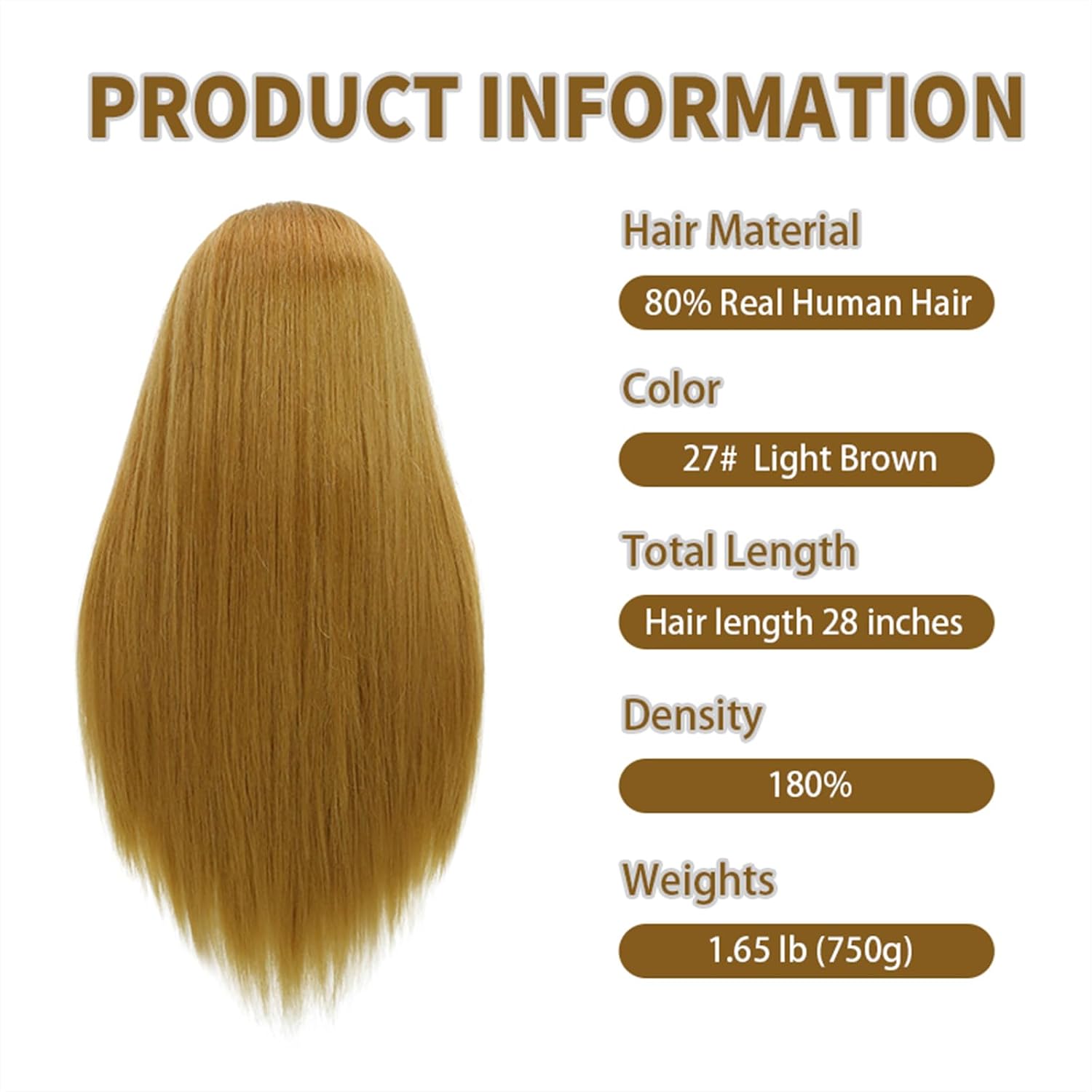 28" Mannequin Head with Human Hair Light Brown 80% Real Hair Blue eyes Styling Practice Mannequin Head Doll head for Cosmetology & Hairdresser with Free Clamp Stand and Tools（27#）