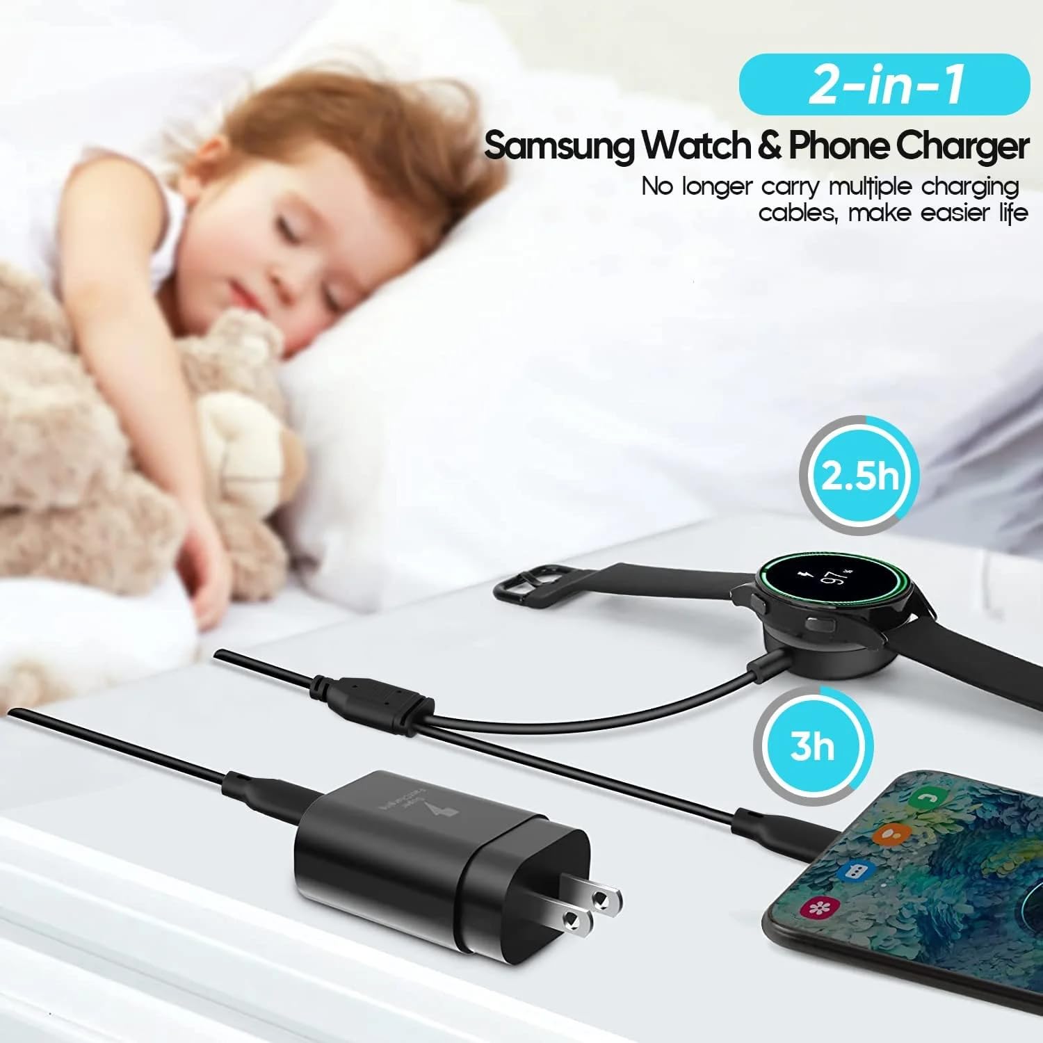 for Samsung Watch Charger Fast Charging,2 in 1 Galaxy Watch Phone Charger with 25W USBC Charger 6.6ft Compatible with Galaxy Watch 7/Ultra/6/6 Classic/5/5Pro/4/4 Classic/3/Active2/1/S24/S23/S22/21/20