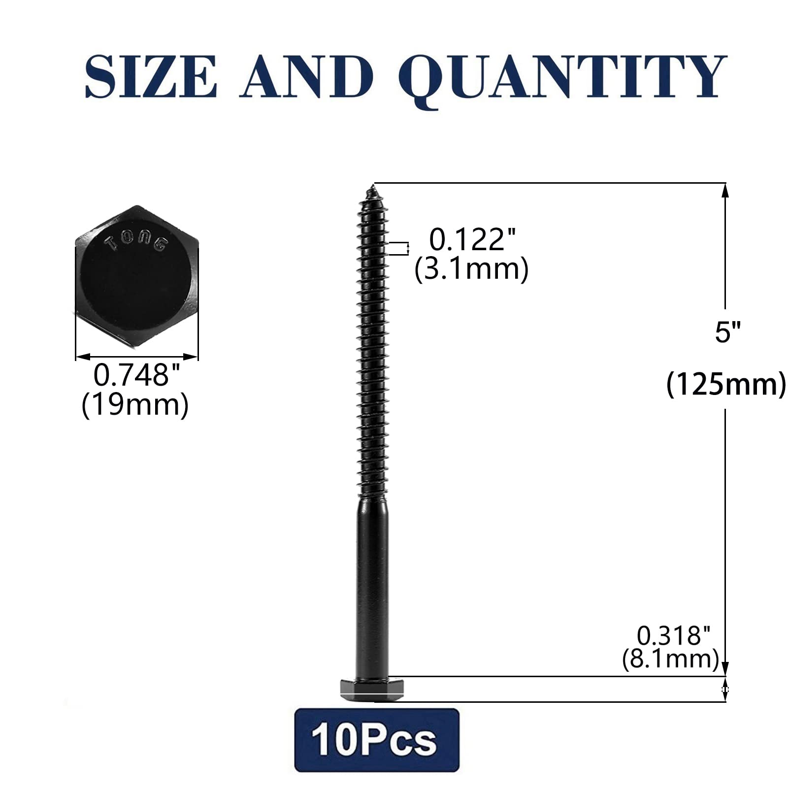 Black Oxide Lot de 20 vis tire-fond à tête hexagonale 1/2" x 2" en acier inoxydable 304 18-8, filetage partiel, bois(1/2" x 5")
