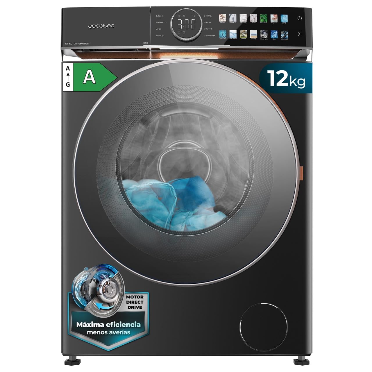 Cecotec Lavadora 12Kg Carga Frontal Bolero DressCode 12980 Direct Drive Steel A. 1400RPM, Motor Direct Drive, Bajo Consumo, Pantalla FullColor, Acabados Imitación Cuero, Puerta XXL y Vapor